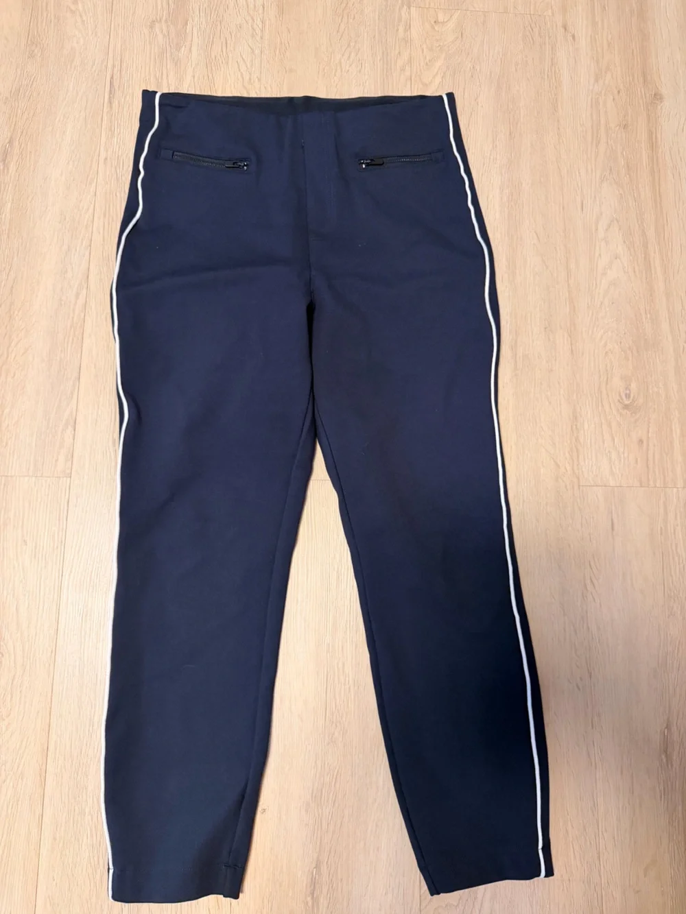 SPANX Navy Wide-Leg Pants with White Side Stripe